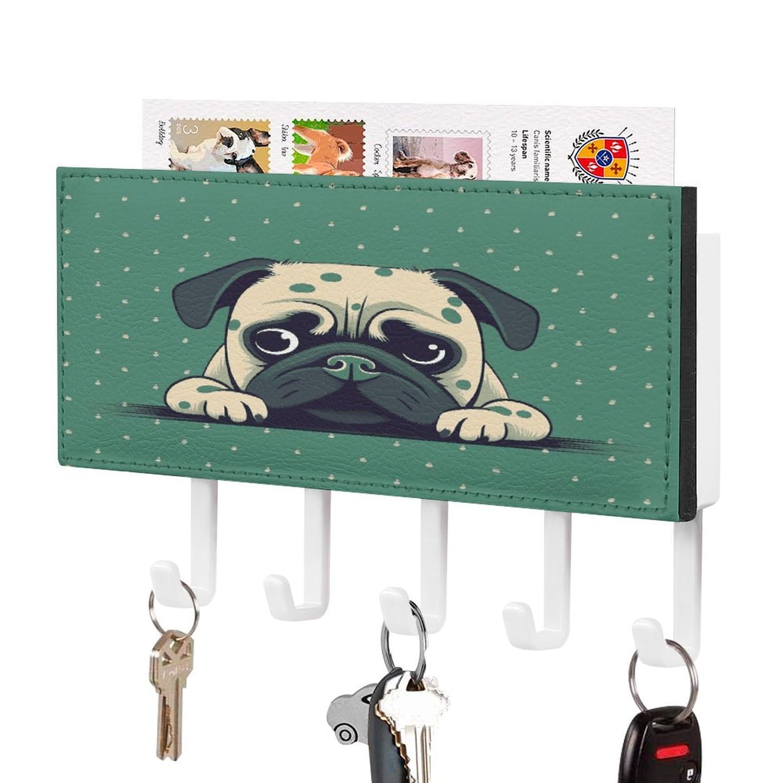 Fekiloot White-Style Pug Green Polka Dot Key Holder Wall Mount Decorative Key And Mail Holder With 5 Hooks Key Hanger Organizer Pu Key Rack Decorative Home Decor For Wall Living Room Entryway Office