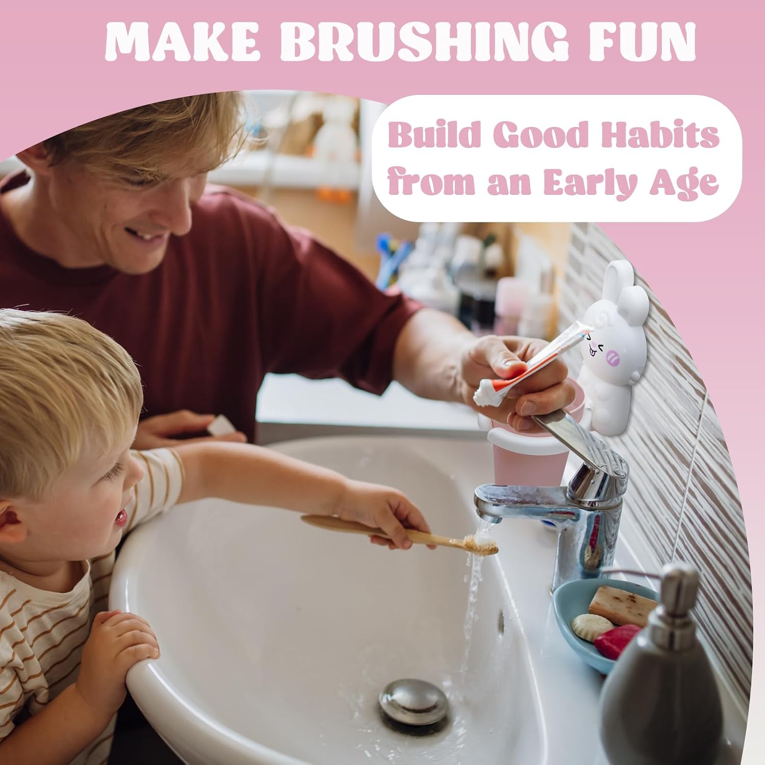 Cute Kids Toothbrush Holder with Cup & Toothpaste Wall Mounted, Adhesive Bathroom Organizer - Kids Bathroom Decor Accessories, Animal Toothbrush Holders for Kids - White Rabbit