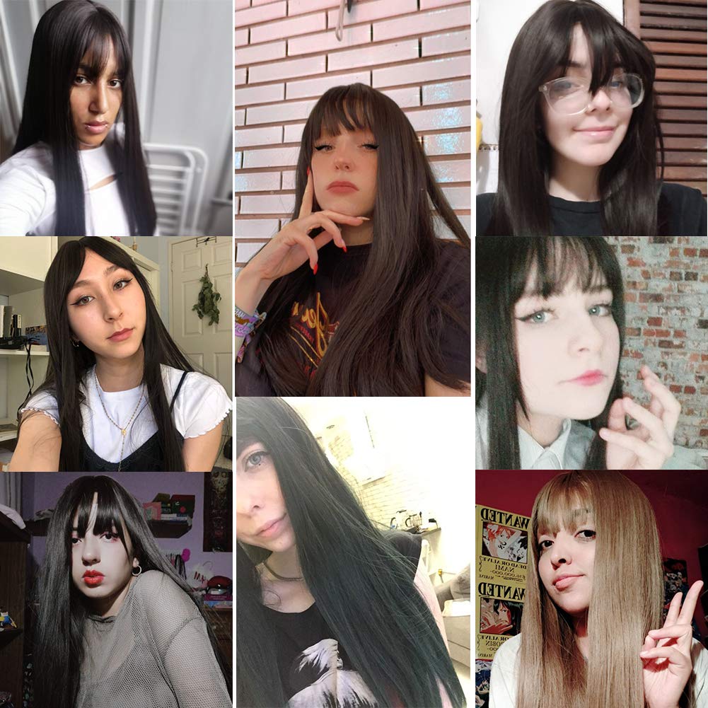 Long Black Straight Hair Wig with Bangs Synthetic High Density Long Hair Wig for Women (Black tea)