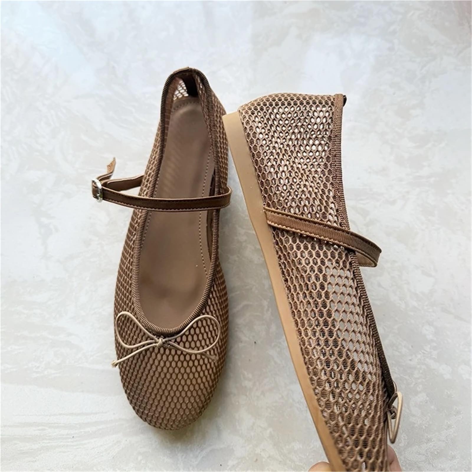 Runde Zehen Mesh Schuhe Frauen Aushöhlen Sommer Fischnetz Ballerinas Schnalle Riemen Elegante Weiche Atmungsaktive Für Damen