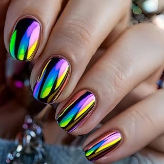 Square Press On Nails Short Fake Nails Chrome With Mirror Metallic Design Green False Nails Cute Full Cover Artificial Nail Glossy Stick On Nail For Women 24Pcs
