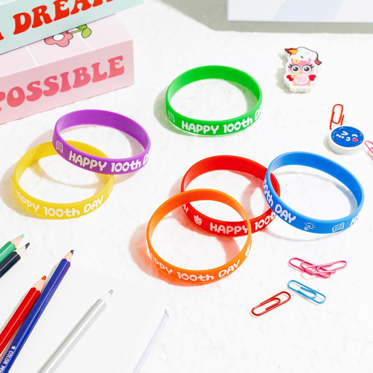 WATINC 120Pcs 100th Day of School Silicone Bracelets, Happy 100 Days Apple Stretch Wristbands, Colorful Rubber Bracelet Students Rewards Party Favors Supplies Goodie Bag for Teacher Teens