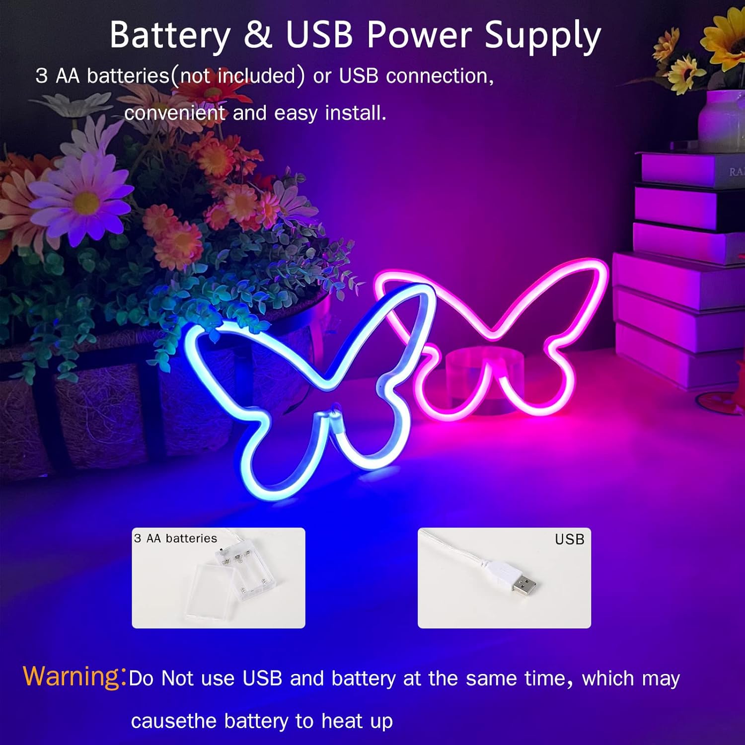 2 Pieces Butterfly Neon Sign, LED Light for Bedroom Wall Decor, USB/Battery Powered Night Light for Kids Room, Girls Home, Wedding, Birthday Party Art Decorations