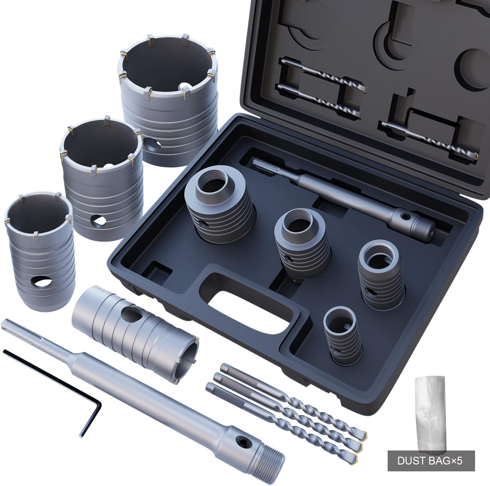 10pcs Concrete Hole Saw Set （30mm 40mm 50mm 65mm）with SDS Plus Shank Connecting Rod and 5pcs Dust Catchers, Concrete Hole Saw Kit for Concrete|Cement|Brick Stone|Wall.
