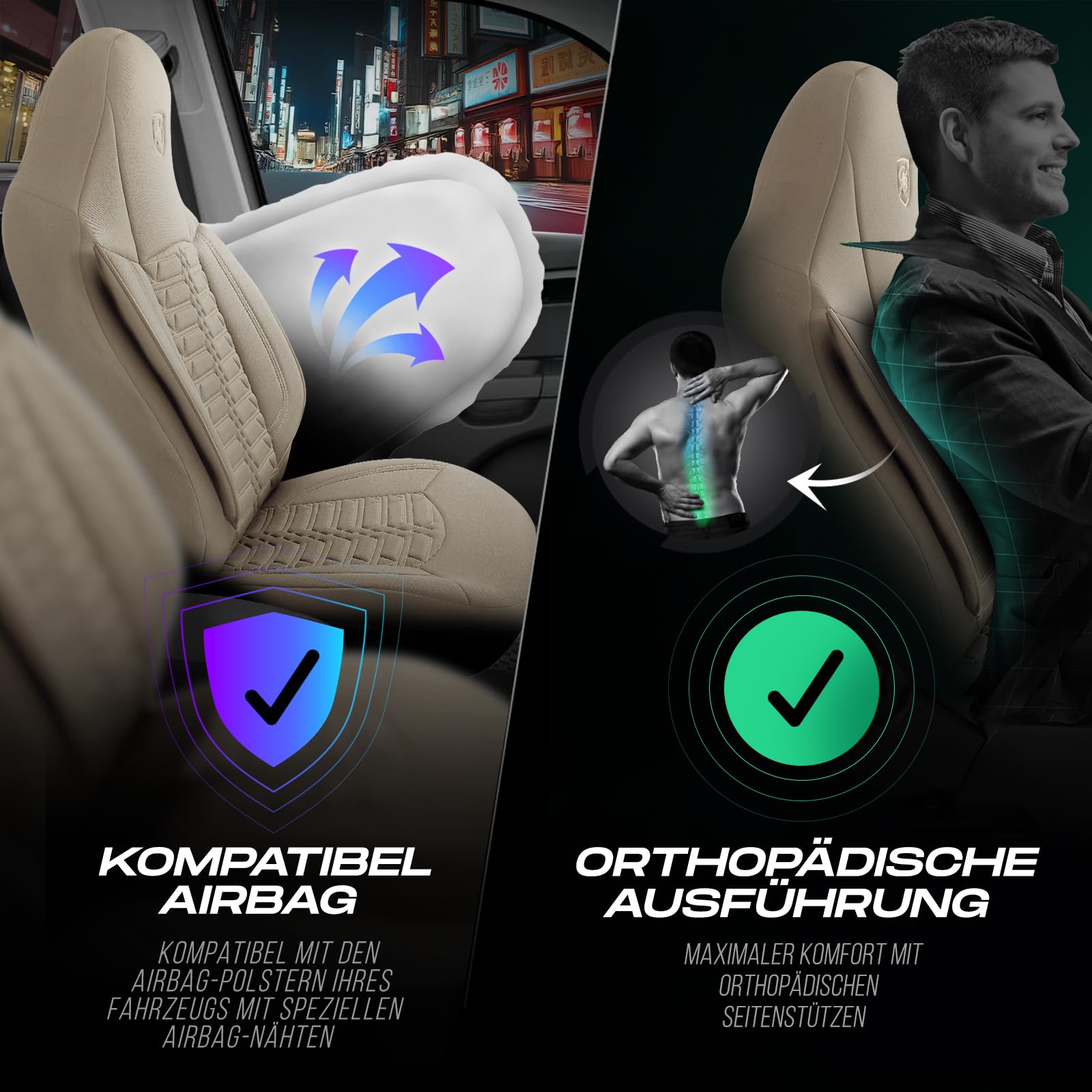 Autositzbezüge Universal für PKW & SUV – Premium Vordersitze Auto Sitzbezug aus Lacoste-Stoff, Beige, Airbag-Kompatibel Sitzauflage, Autoschonbezug, Vordersitz-Set inkl. Montageset