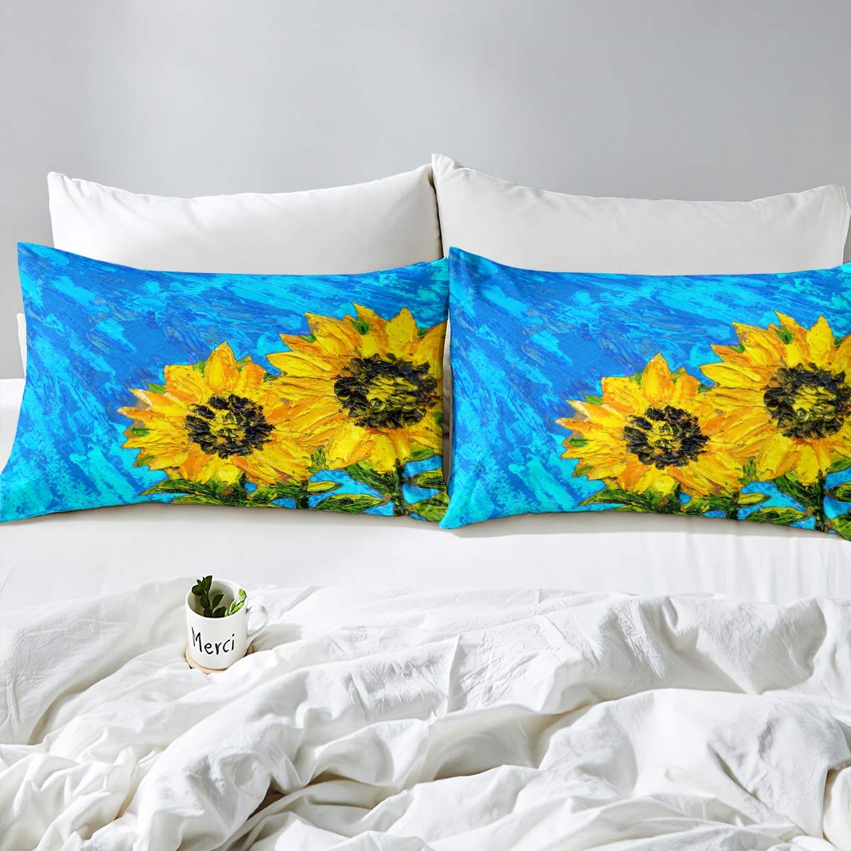 Piumino Matrimoniale Floreale Girasole Giallo | Set 2 Pezzi Con Federa | Biancheria Letto Stampa 3D Manfei