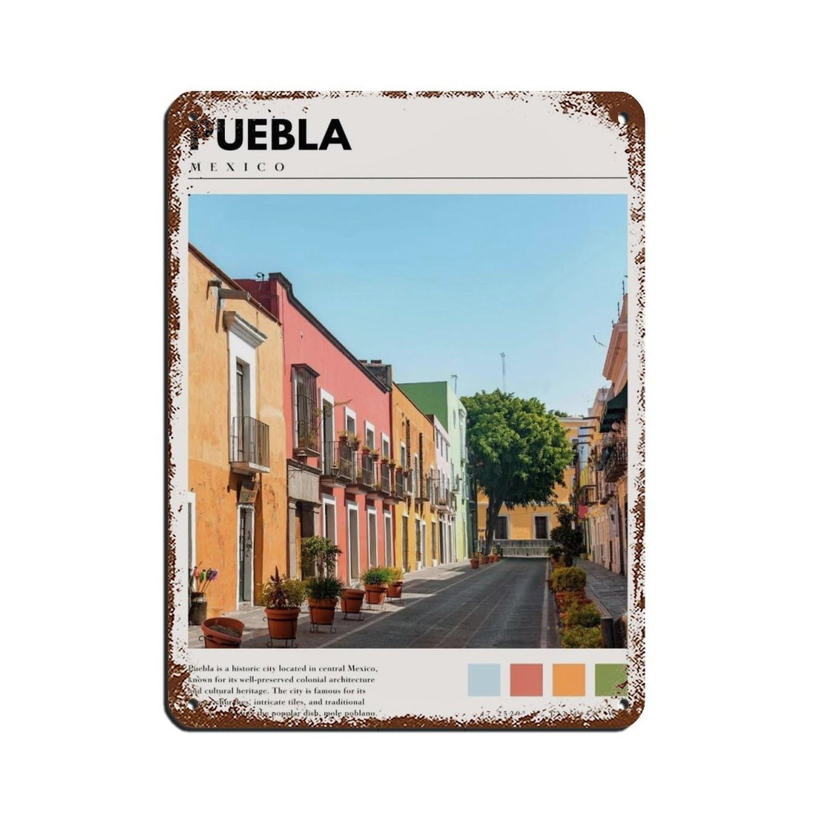 Puebla Mexico Poster Mexico Art Tin Sign Vintage Metal Pub Club Cafe Bar Home Wall Art Decoration Poster Retro 12x16inch(30x40cm)