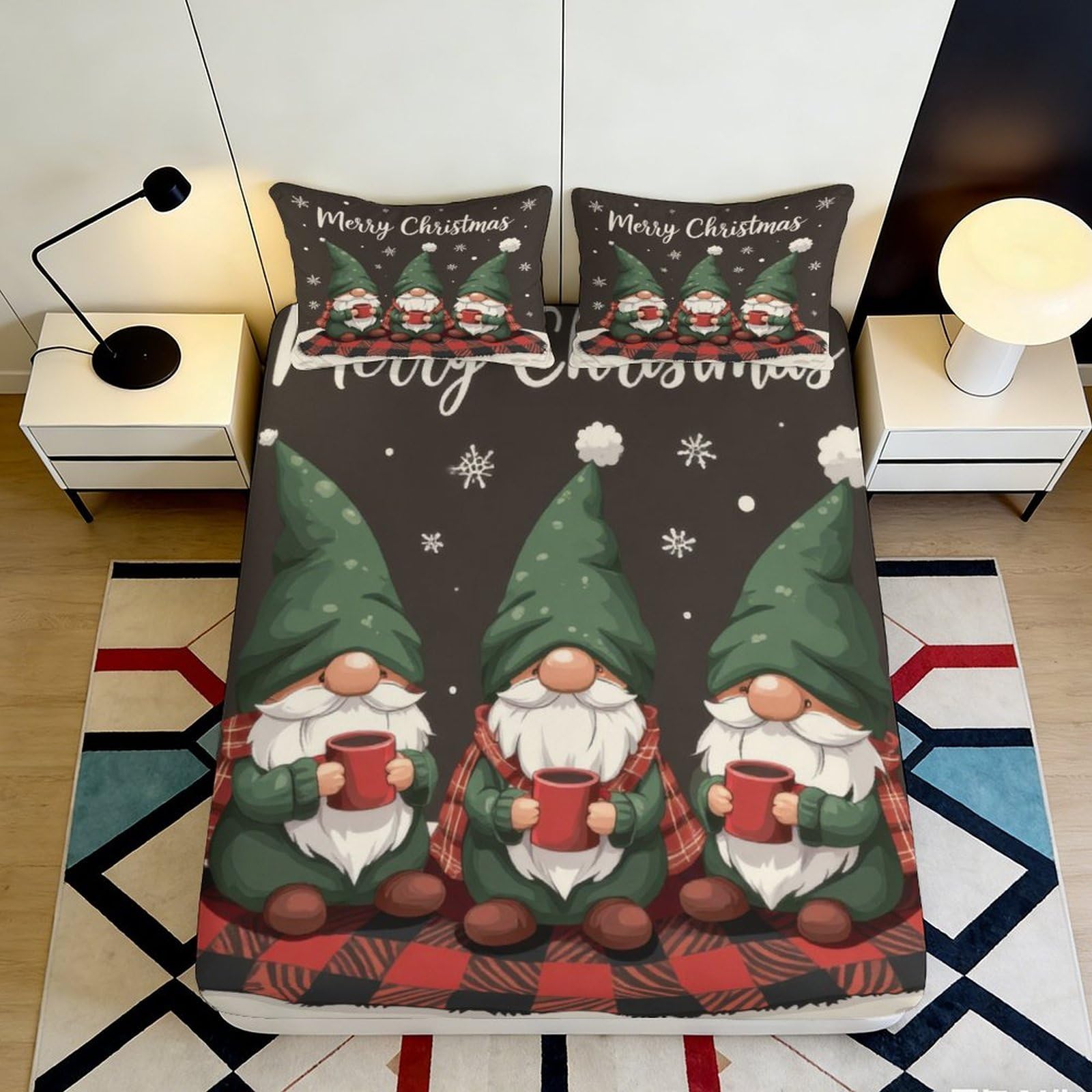 3D Printed Christmas Gnome Design Fitted Sheet Microfiber Soft Non-Slip Bed Cover for Bedroom Dorm Guest Room 140x200x25cm
