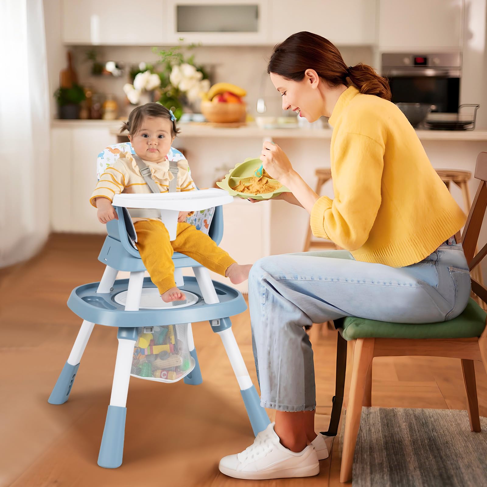 LIFEZEAL Trona para Bebé, Trona Convertible con Arnés de Seguridad, Bandeja Extraíble y Cesta de Almacenaje, Silla de Comedor para Niños desde 6 Meses (Verde)