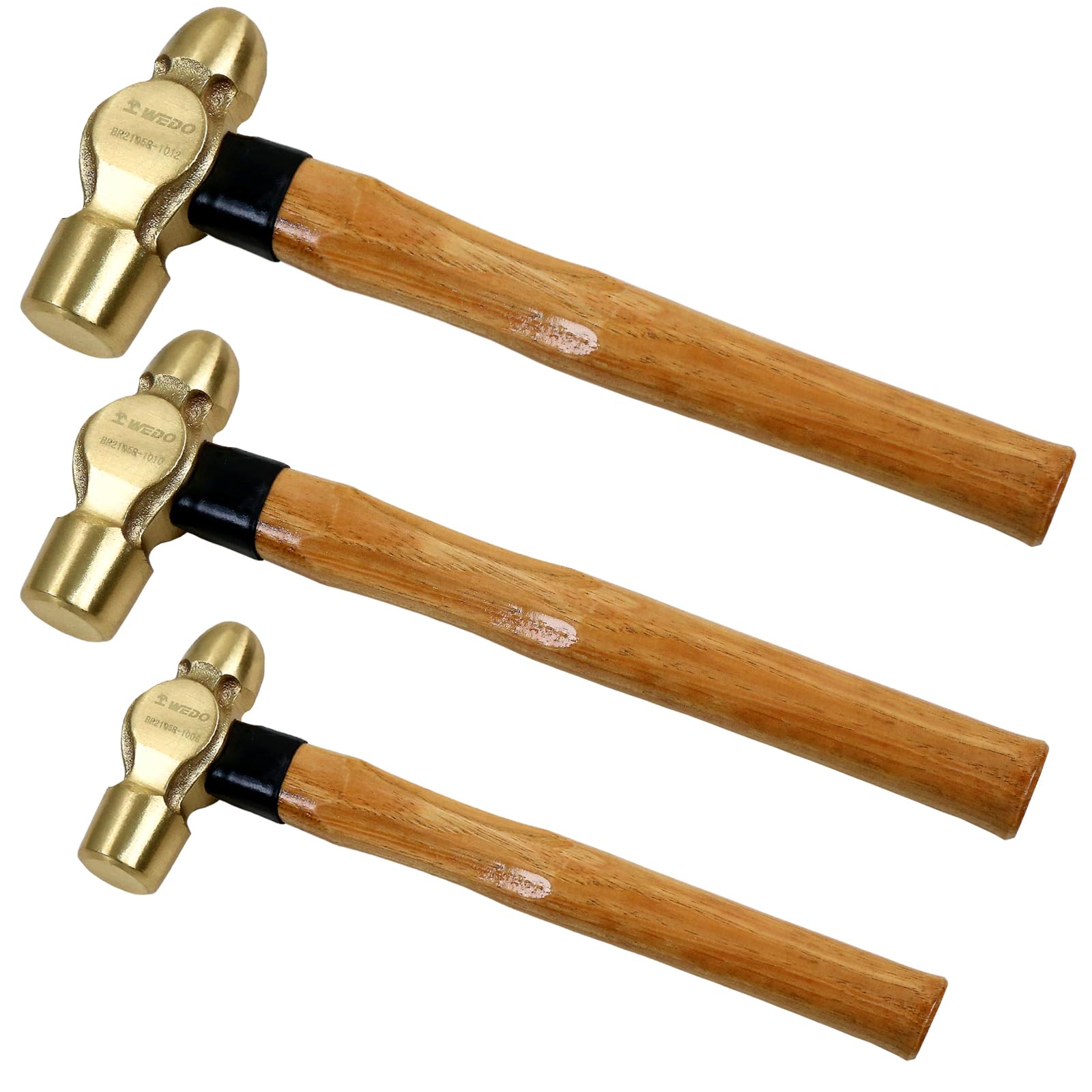 WEDO 3PCS Brass Ball Peen Hammer Set, 24 oz+32 oz+40 oz(1-1/2lb+2lb+2-1/2lb), Brass Ball Pein Hammer Set with Wooden Handle, Die-Forged, Corrosion Resistant, DIN Standard
