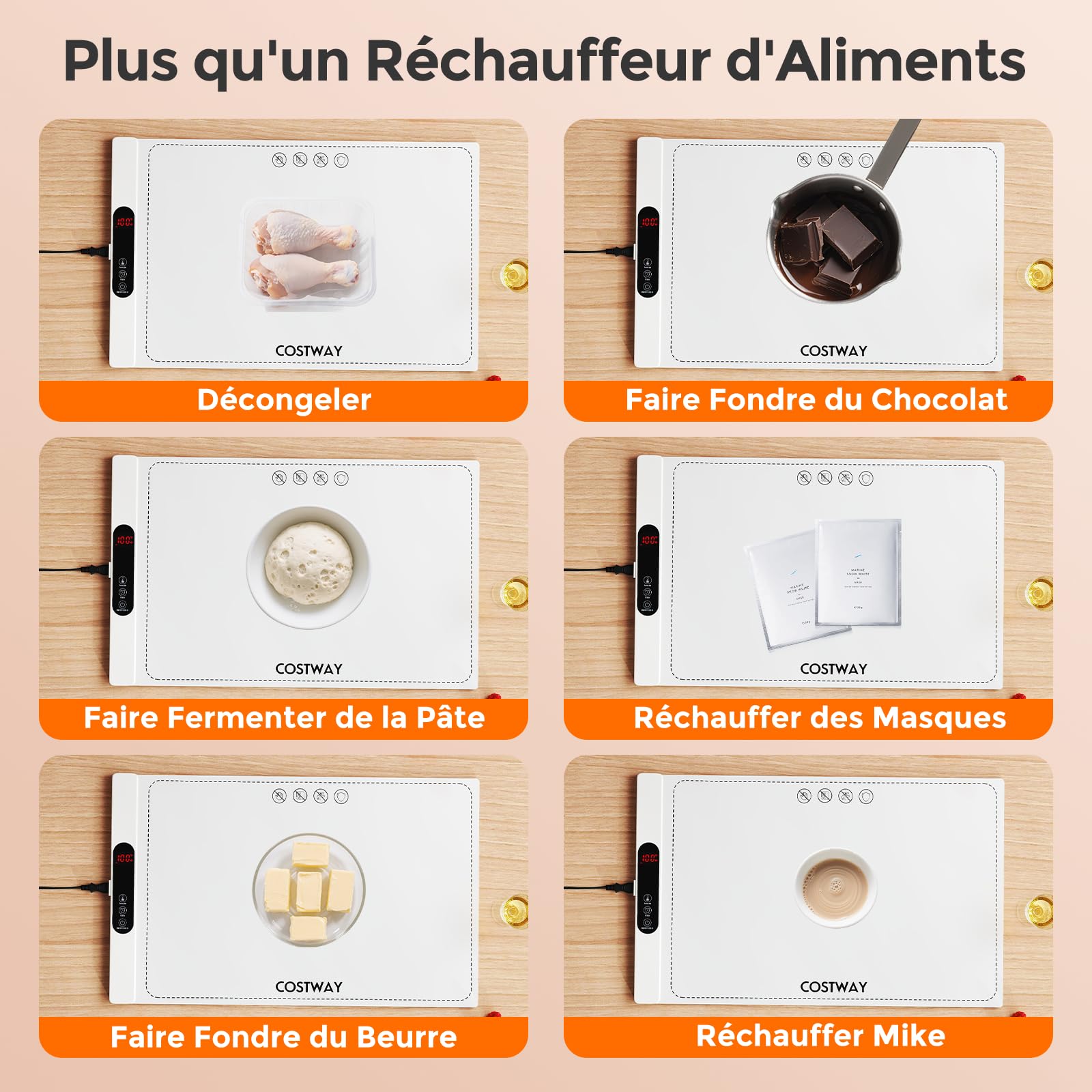 COSTWAY Chauffe Plat Électrique Pliable pour Aliments, Tapis Chauffant avec Température et Minuterie Réglables, Plateau Chauffant en Silicone Enroulable, Contrôle Tactile, pour Fêtes, Buffets (Blanc)