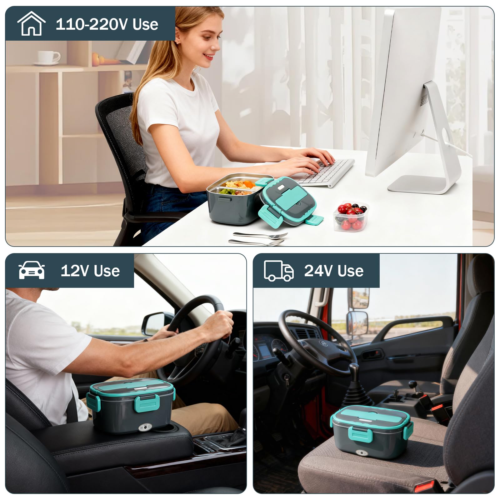 Lunch Box Chauffante VINATO 1.5L - Chauffage PTC, Acier Inox 304, Prise Voiture 12V/24V Et Maison 220V Boite Chauffante Repas