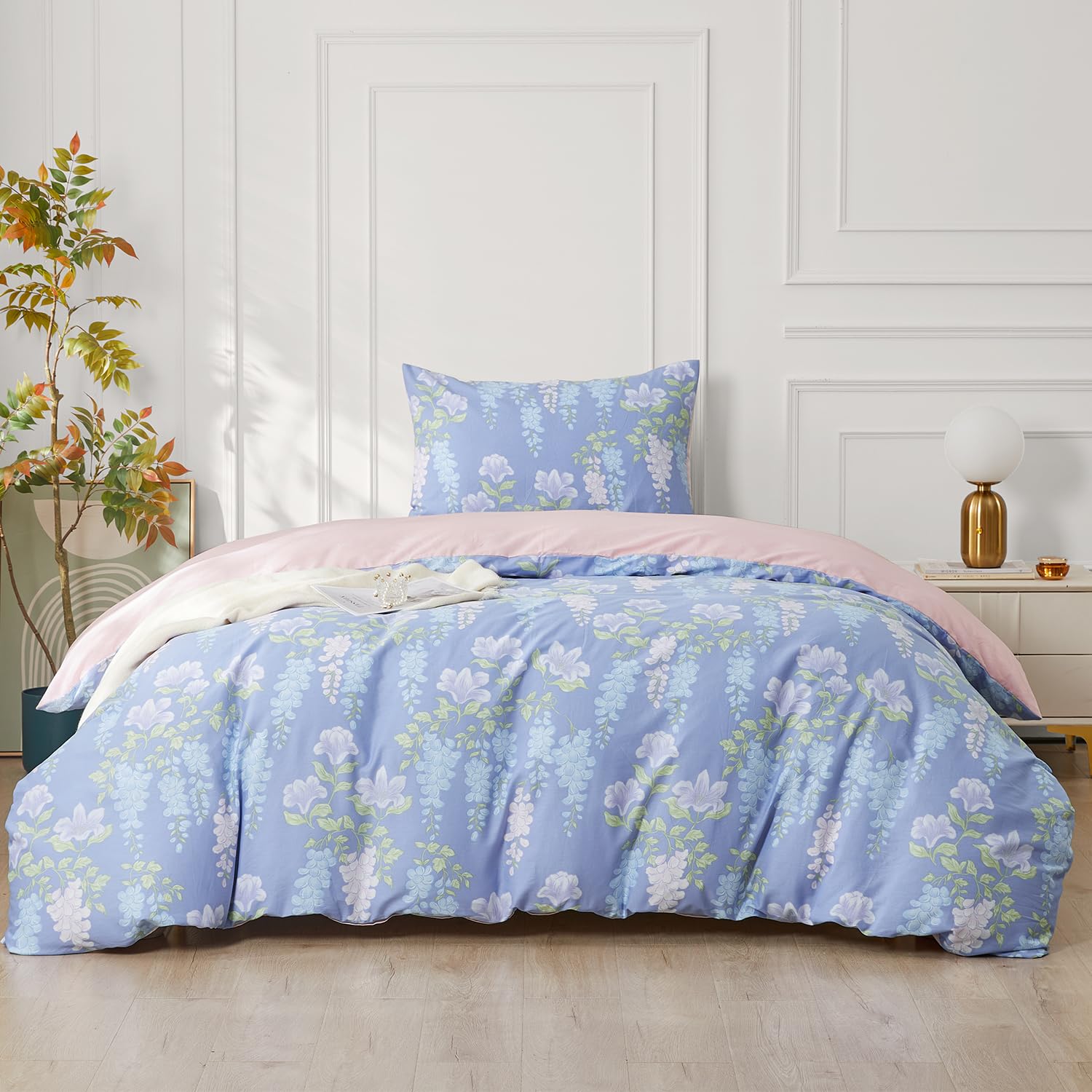 SAPHREAS Purple Duvet Cover Set 100% Cotton Single Size 2 Pieces Bedding Comforter Wisteria Pattern Duvet Cover Set 1 Duvet Cover 1 Pillow Sham(No Comforter)