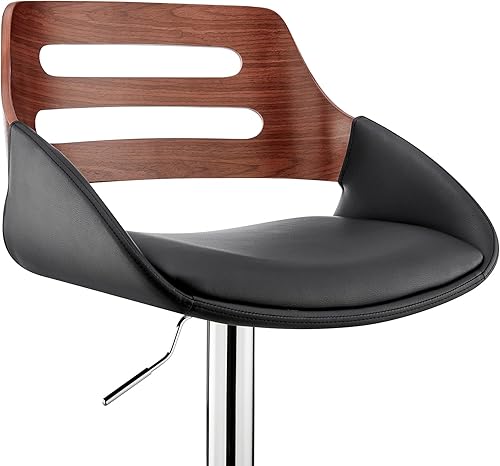 Miniatura 8 de Armen Living Karter - Taburete de bar moderno giratorio de altura ajustable de piel sintética negra y madera de nogal con base cromada para encimera