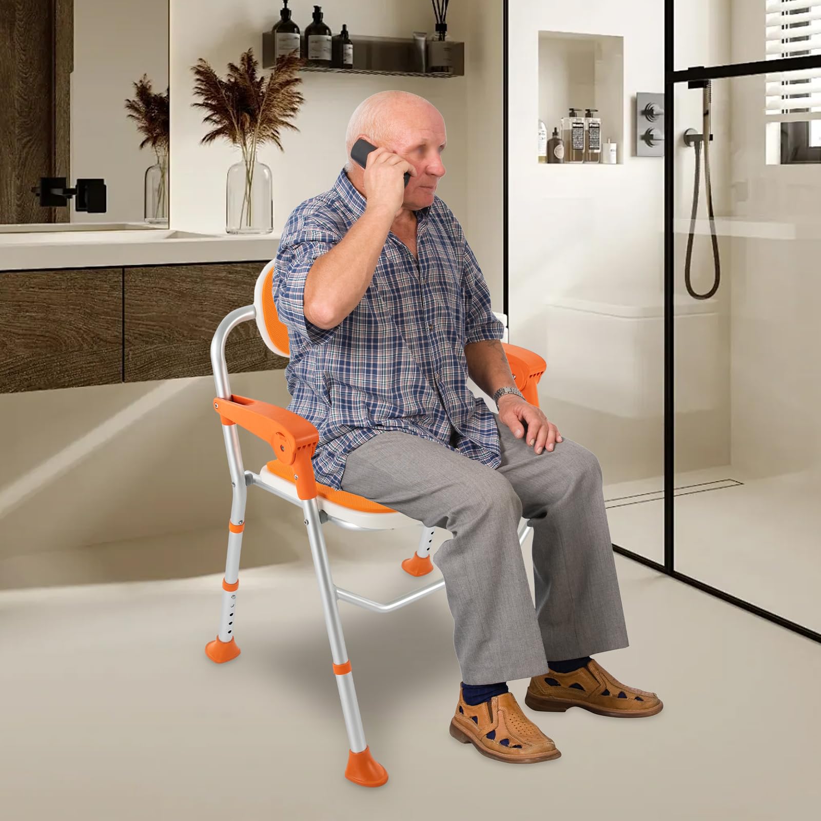 Silla de ducha con reposabrazos y respaldo para personas mayores, asiento de ducha regulable en altura, antideslizante, taburete de baño, capacidad de carga de 150 kg