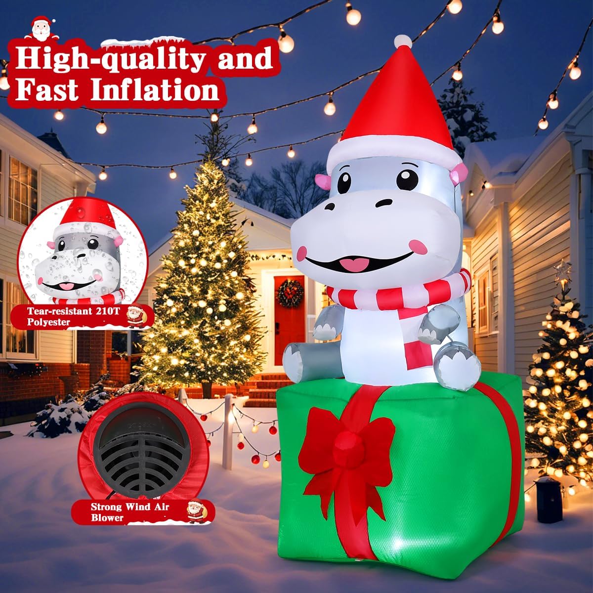 GOOSH 6.8 FT Christmas Hippo Inflatables Outdoor Decorations Smiling Hippo Siting on Gift Box Blow Up Yard with Built-in LEDs for Christmas Party Yard Garden Lawn Decoration image 3