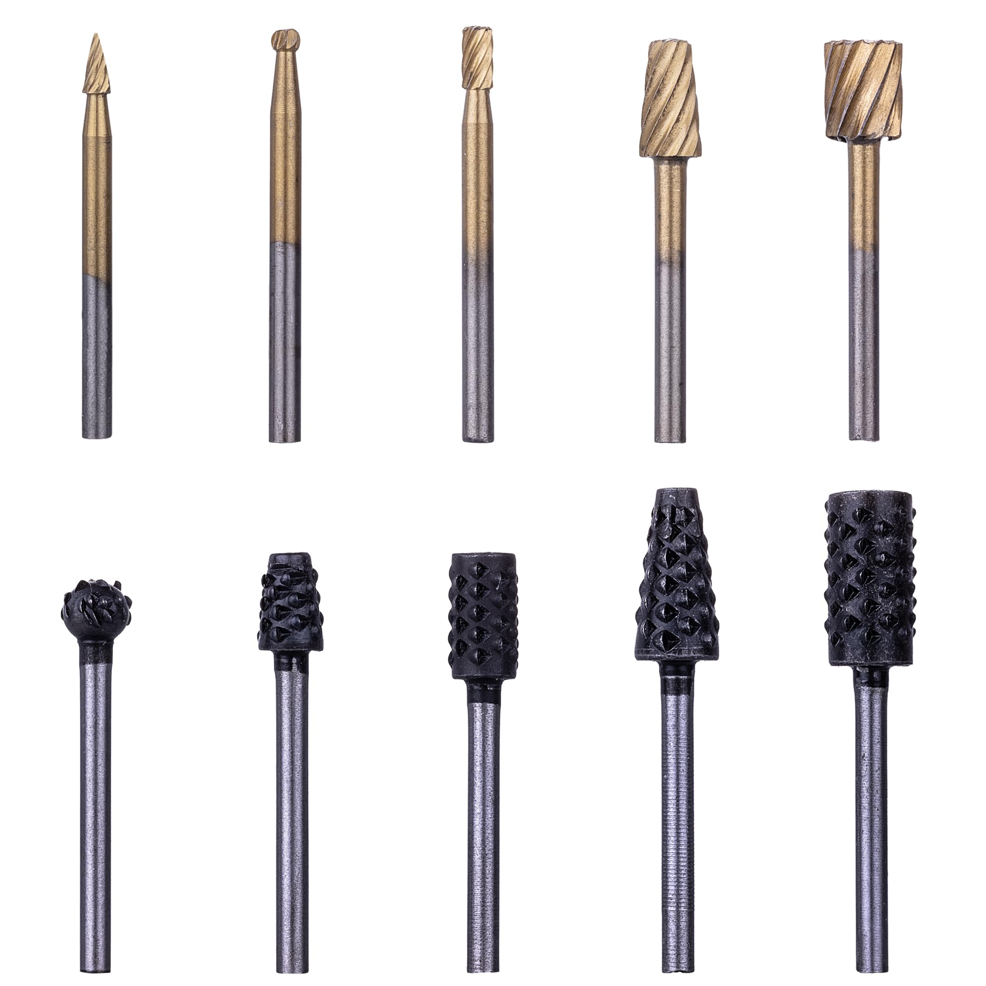 NordWolf 10-Piece Wood Carving Rasp Files Set for Rotary Tools, with 1/8" Straight Shank for Woodworking, Deburring, Shaping & Grooving in Storage