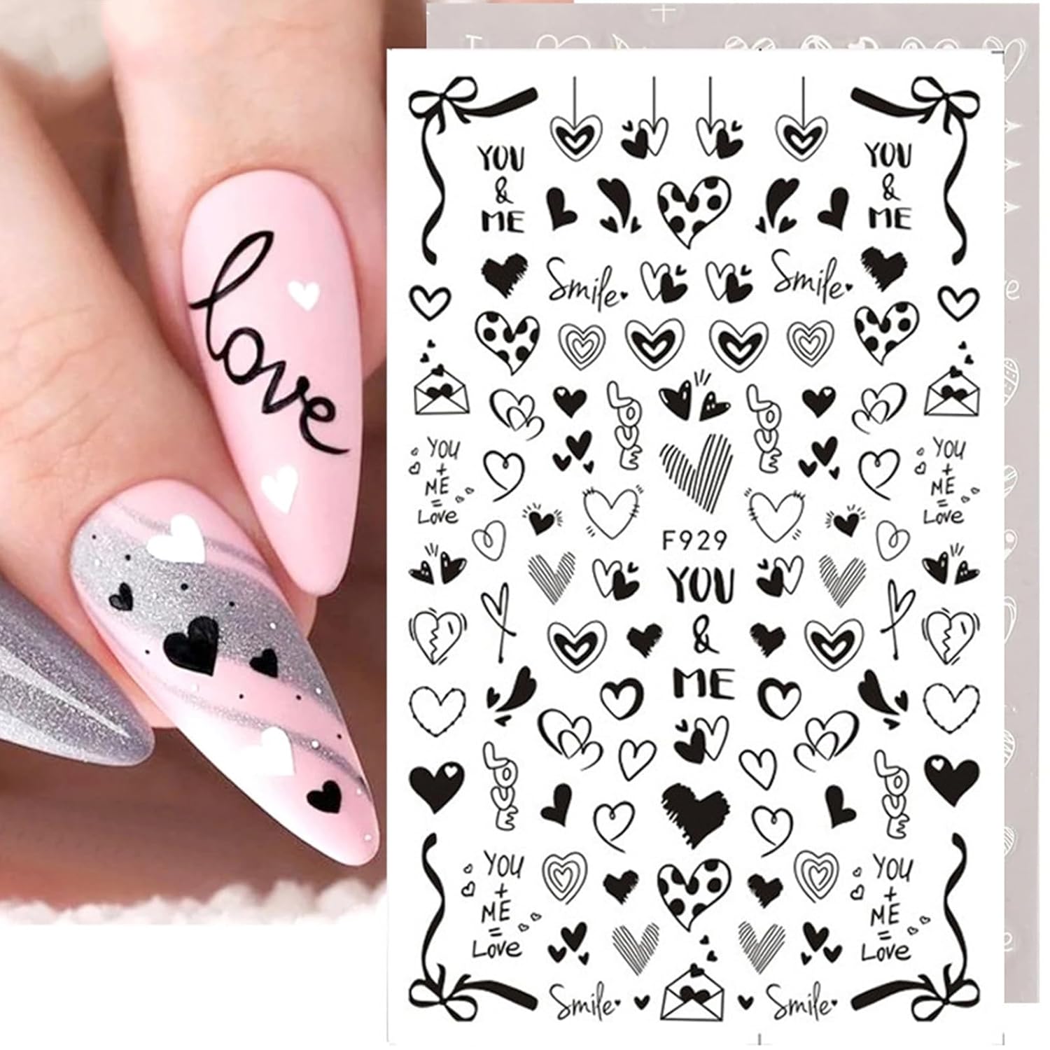Heart Nail Art Stickers, Valentine's Day Nail Stickers White Black Heart Nail Decals 3D Self-Adhesive Nail Supplies Love Envelope Lock Cactus Nail Design Accessories for Women Nails Decoration 8 Pcs