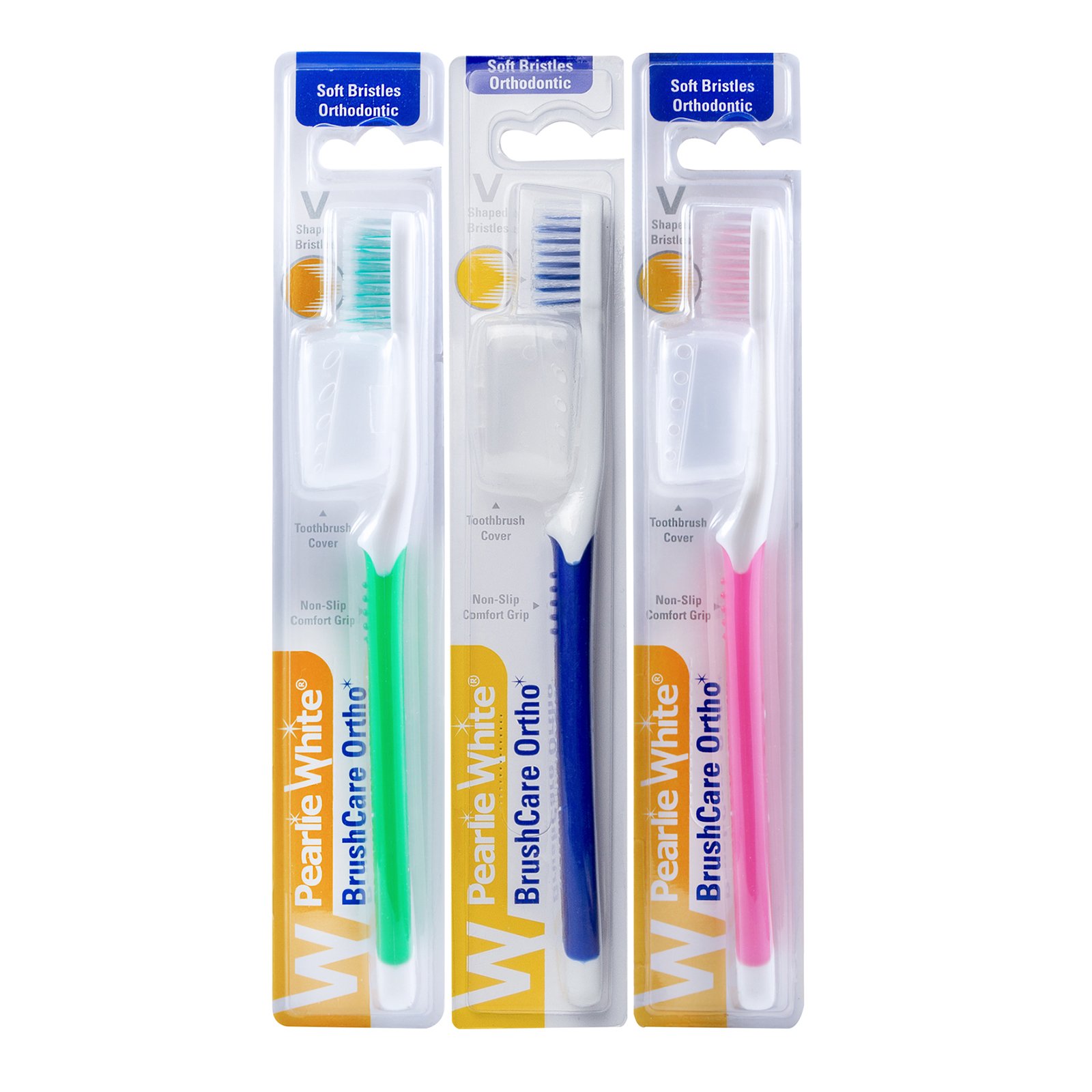 Pearlie WhiteBrushCare Ortho Soft Toothbrush, Pack of 3