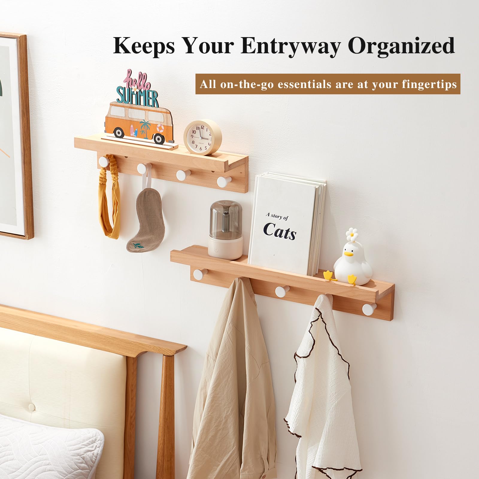 Ganchos de pared de madera de haya con estante, perchero con estante montado en la pared, estante de entrada con 4 ganchos para ropa, sombreros, toallas, bolsos, batas, baño, vestíbulo,