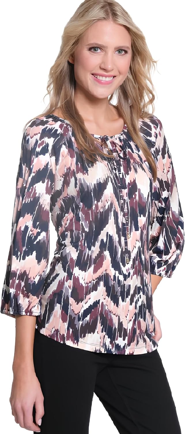 MULTIPLES Women's Raglan Three Quarters Sleeves Tie Front Neck Hi-lo Peasant Top