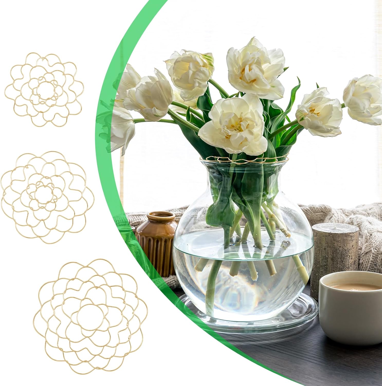 3PCS Flower Arrangement Holder, Floral Grid Organizer for Arrangements Vase Metal Wire Stem Holders for Vase Bouquets Fixation Plant Flowers Inserts (Gold)