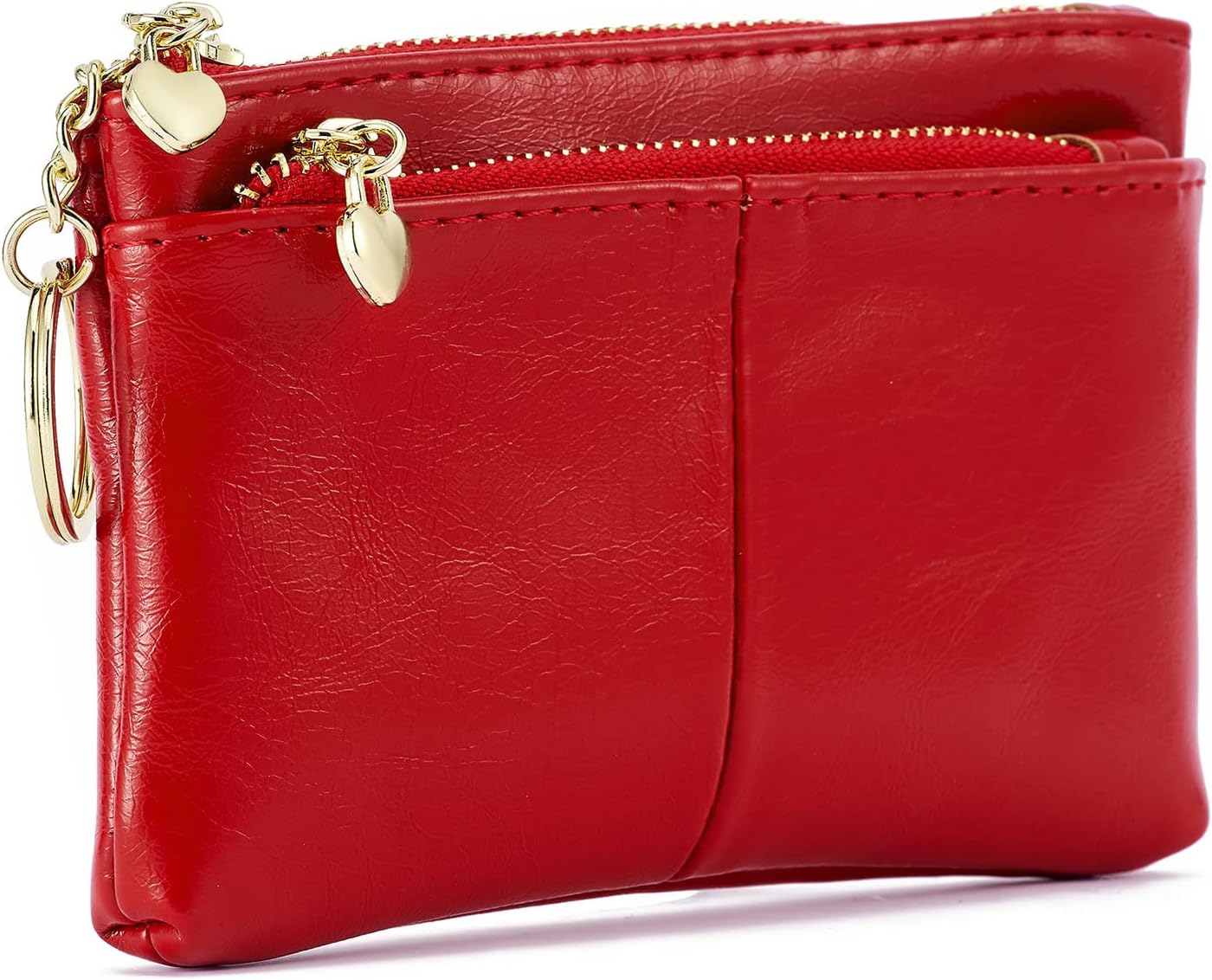 Women PU Leather Zip Mini Coin Purse With Key Ring Triple Zipper Card Holder Wallet(Red)