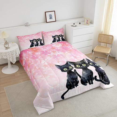 Miniatura 3 de Castle Fairy Juego de Edredón de Gatos Adorables Estilo Japonés Kawaii de Dibujos Animados Flores de Cerezo con 2 Fundas de Almohada Flores Rayas