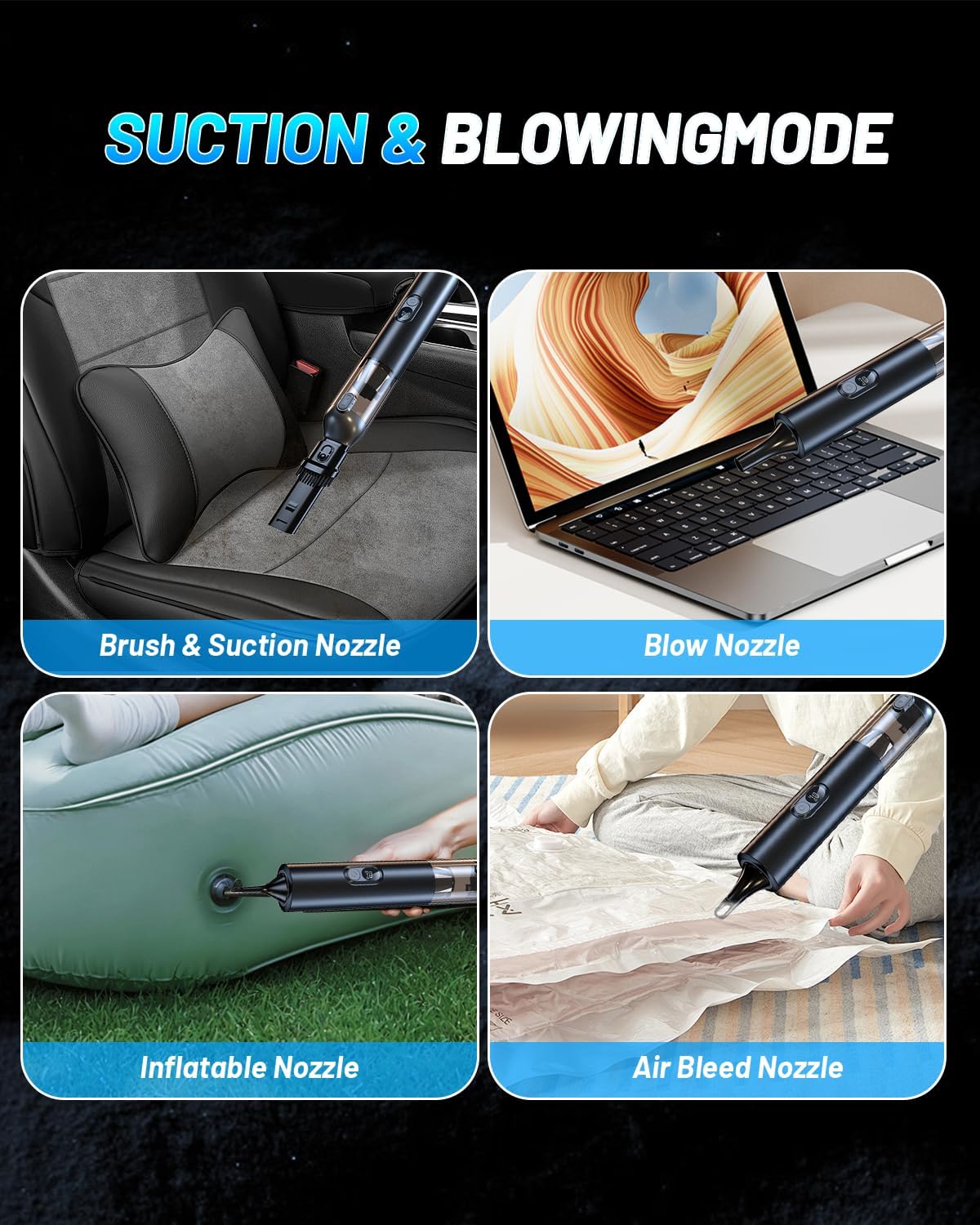 Handheld Car Vacuum Cleaner Cordless with 19000Pa High Power, 4 in 1 Portable Mini Vacuum with Brushless Motor, Led Display, Type-C Handheld Vacuum and Air Duster for Car Home Office PC