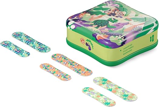 Welly Bandages | Adhesive Flexible Fabric Bravery Badges | Assorted Shapes for Minor Cuts, Scrapes, and Wounds | Colorful and Fun First Aid Tin | Turtle Oasis Patterns - 48 Count