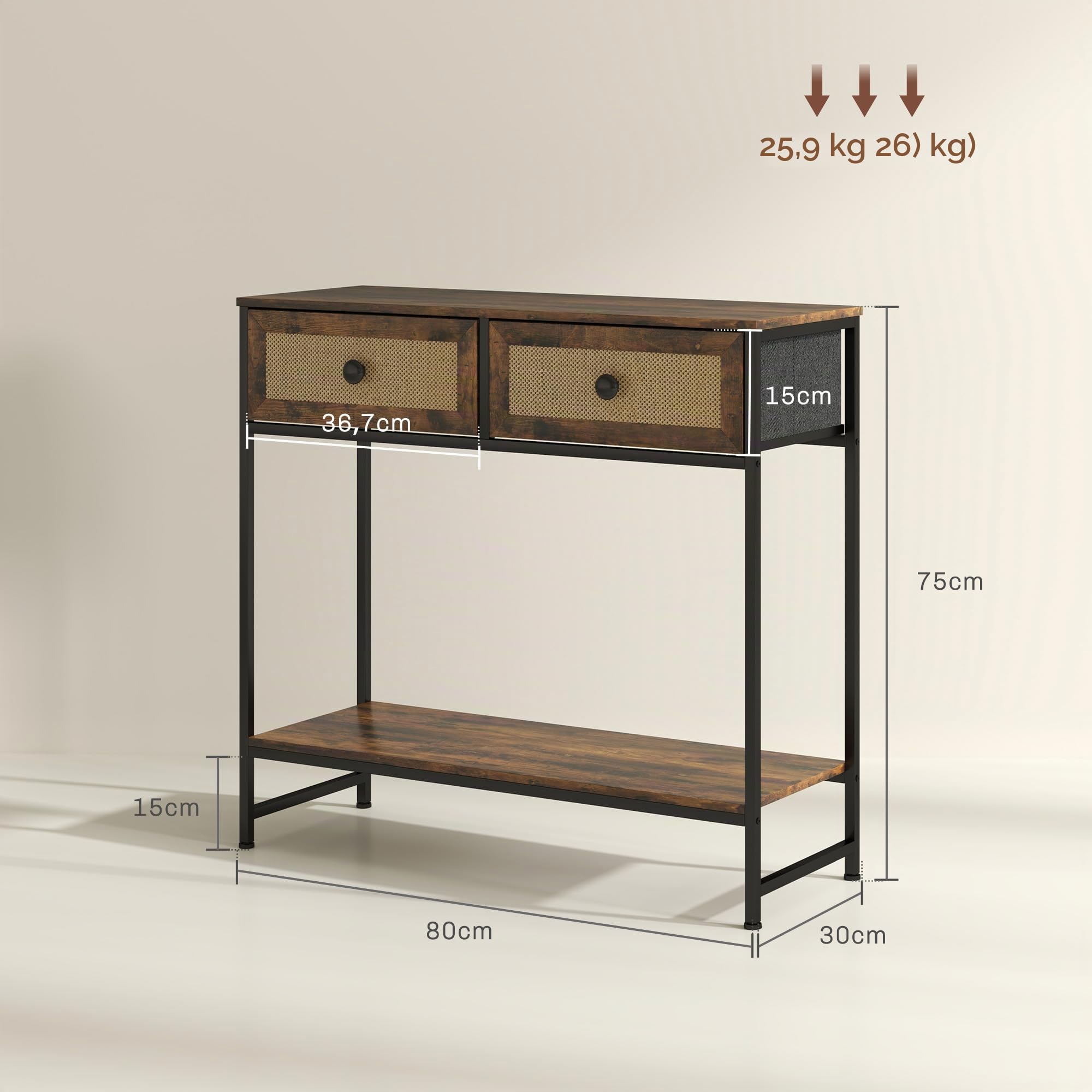 HOMCOM Table Console d'entrée 2 tiroirs 80x30x75 cm Brun Rustique