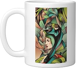 Art Nouveau Woman Abstract Geometric Design Ceramic Mug, White