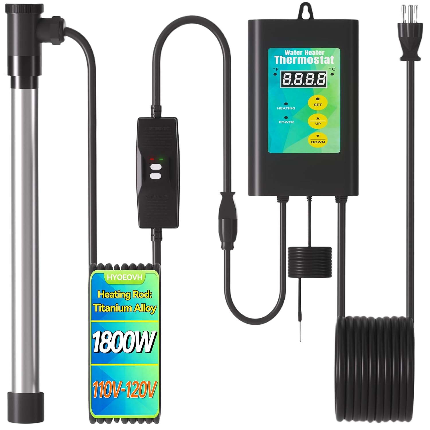 1800W Titanium Fully Submersible Water Heater, Corrosion-Proof Portable Electric Immersion Heater with GFCI & Digital Thermostat, for Bathtubs,Spa Tub,Outdoor Bucket, Baptistry Pool, Inflatable Pool
