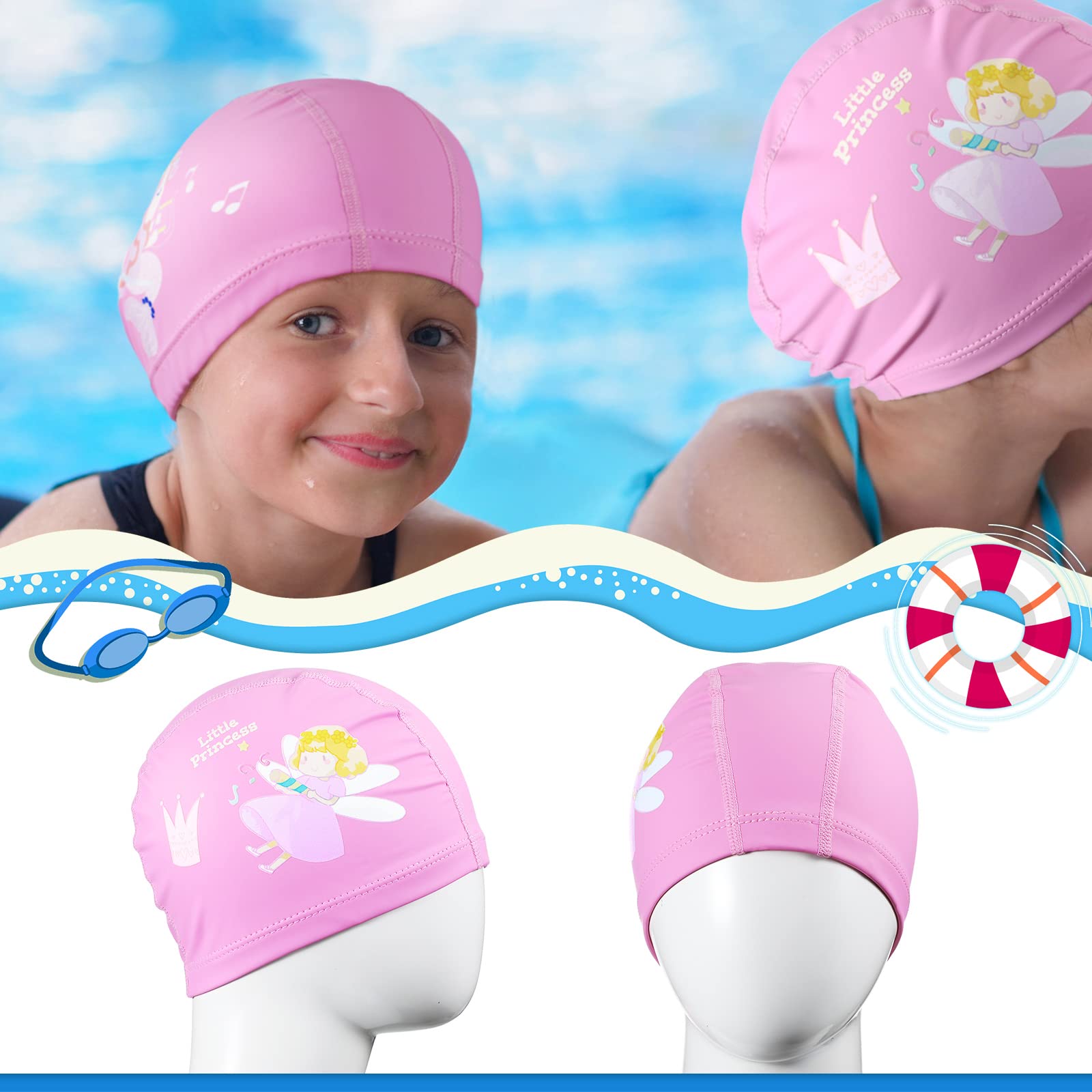 2 Pieces Kids Swimming Caps for Kids, Toddler, Children, Boys and Girls, Kids Waterproof Bathing Swim Cap for Long and Short Hair (Elf, Mermaid)