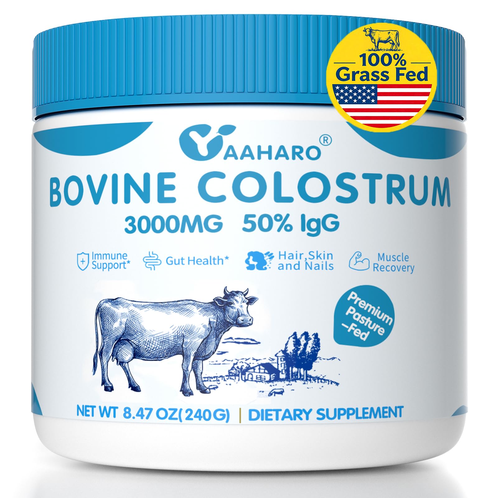 Colostrum Powder with Collagen Peptides for Gut Health, Grass Fed High IgG Unflavored 8.47 Ounce (Pack of 1)