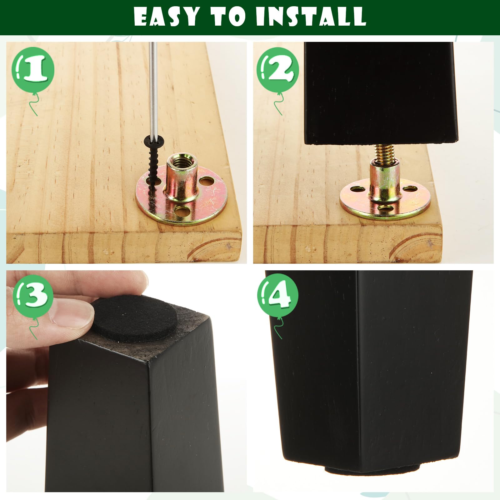 VIDETOL Black Wooden Furniture Legs Set of 4, 6 inch / 15 cm Square Sofa Legs - Image 4