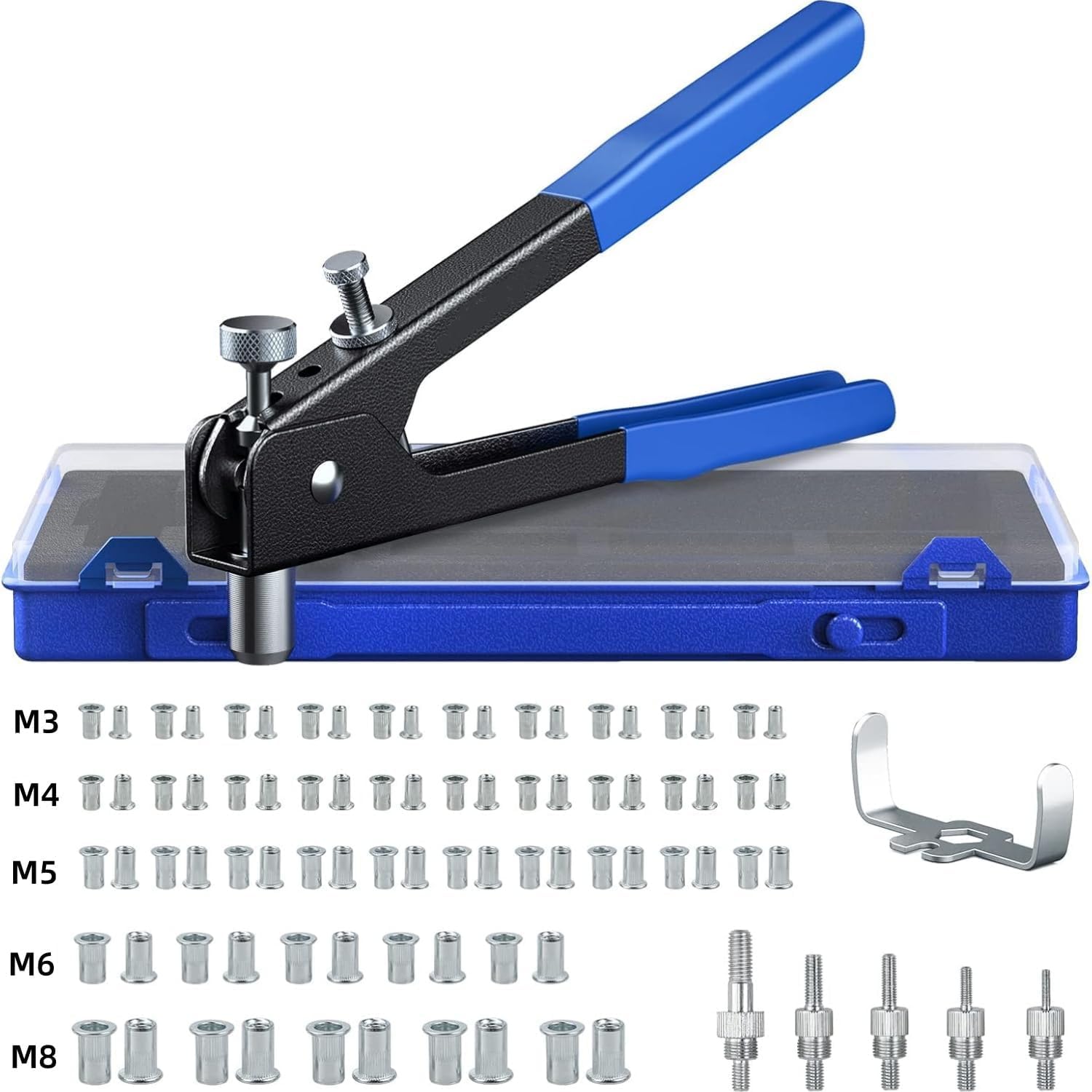 Set di 86 rivettatrici manuali, kit di utensili per rivetti con dado filettato M3/M4/M5/M6/M8 e mandrino