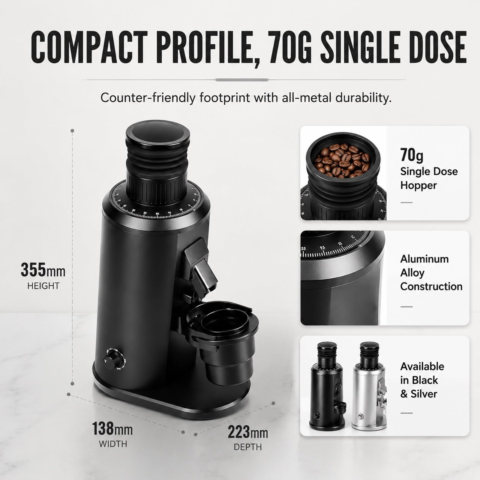 Młynek burr single dose elektryczny espresso – 80mm płaskie żarna, mikroregulacja, niska retencja, szybkie czyszczenie, metal, French press & dom Silver