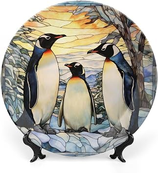 Penguins Family Snowy Forest Stained Glass Painting Decorative Plates Home Decor Ceramic Plates, Dinner Plates Display for Kitchen, Hallway Console Side Table, Presents for Penguin Lovers, 10 Inch