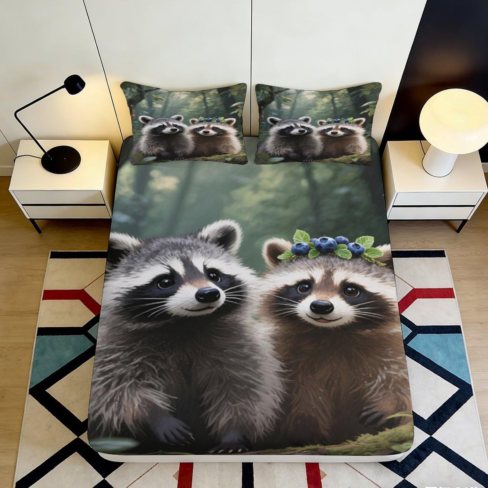 Jqzkxnhpbr Style-5 3D Printed Forest Raccoon Fitted Sheet Microfiber Soft Anti-Slip Woodland Bed Cover For Bedroom Dorm Mattress Decor 90X200x25cm