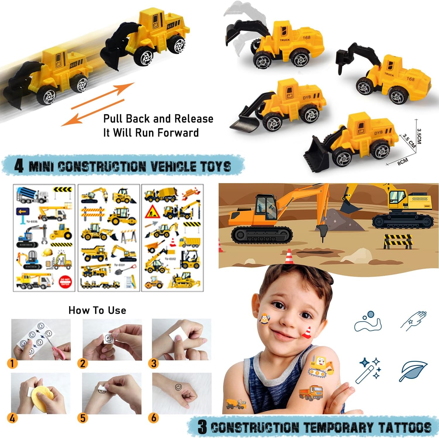 Construction Birthday Party Decorations - Construction Balloon Arch Kit,12 Wall Decor Sign,Yellow Caution Tape,4 Mini Construction Vehicle,Tattoos,Banner,Tablecloth,Cake Topper,for Kids Birthday Party - Image 9