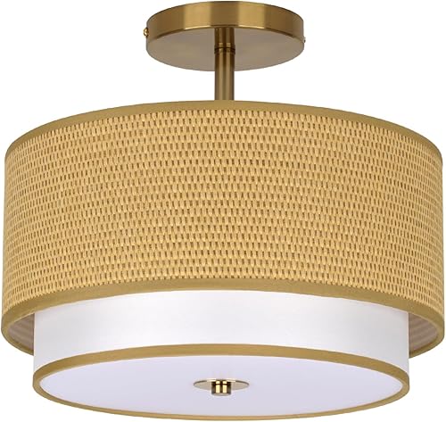 Miniatura 9 de Lámpara de techo estilo ratán tejida estilo bohemio, lámpara de techo cerrada de 12.6 pulgadas con diseño de tambor de 2 niveles para dormitorios,