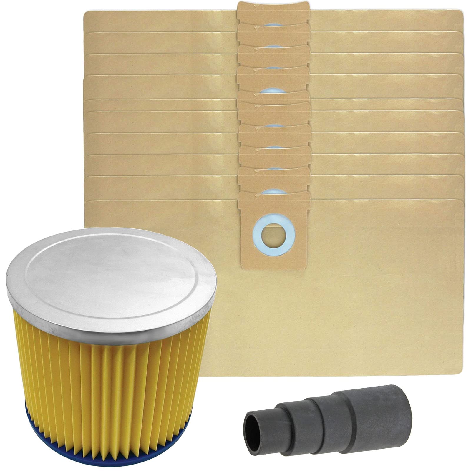 SPARES2GO Filter Cartridge + 10 Dust Bags + Tool Adaptor compatible with Titan TTB350 TTB351VAC TTB430VAC Wet & Dry Vacuum Cleaner
