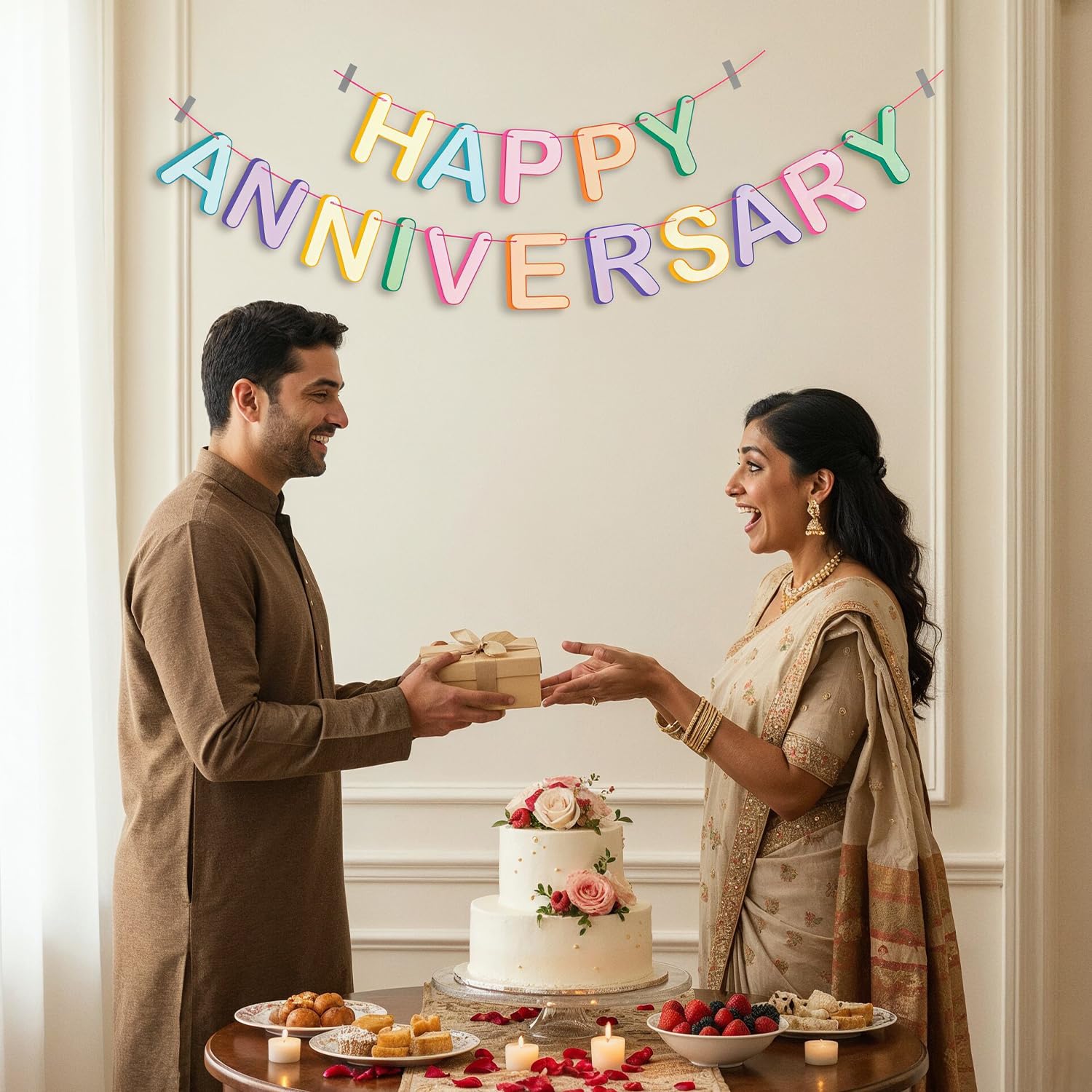Party Propz Multicolour Pastel Happy Anniversary Banner - 2 Pcs Wedding Anniversary Decoration Kit Banner with Ribbon, 1st 10th 25th & 50th Wedding Party Decoration Items (Cardstock) 3