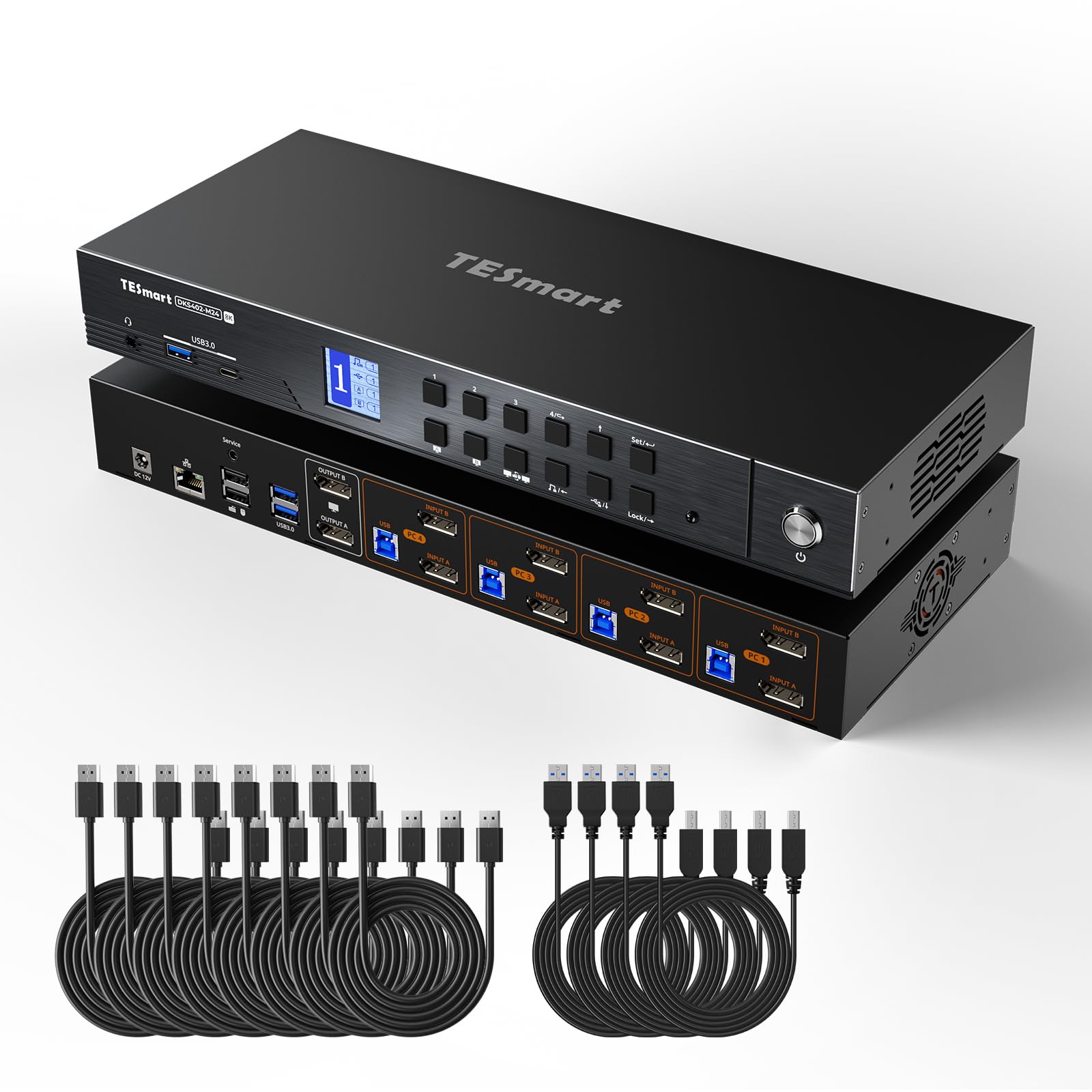 TESmart DisplayPort 8K@60Hz KVM Switch 4 PC 2 Monitor, USB 3.0 DP 1.4 KVM Switch Dual Monitor 4K @144Hz Per Docking Station Gaming Emulator, EDID Emulator, Gigabit Network, Hotkey Switch, Microfono
