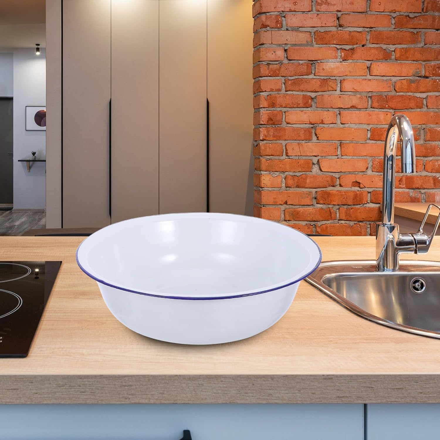 Happyyami 2pcs Vintage Enamelware Basin - White 36cm Classic Bowl with Blue Rim for Mixing, Washing, Camping & Fruit Serving