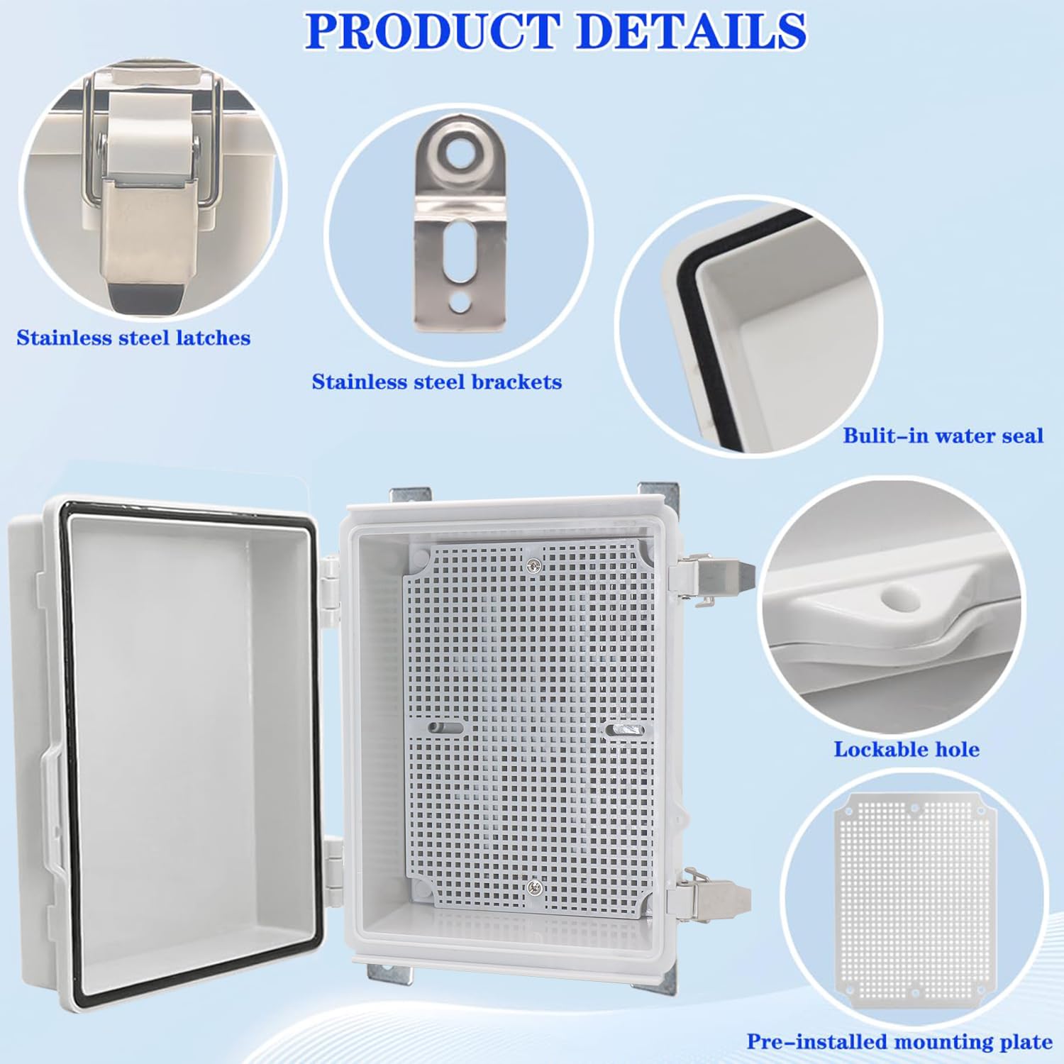 Waterproof Electrical Box with Mounting Plate, IP67 Junction Box Stainless Steel Latch Hinged Grey Cover Project Enclosure with Wall Bracket and 2 Glands 8.3" x 6.3" x 3.9"