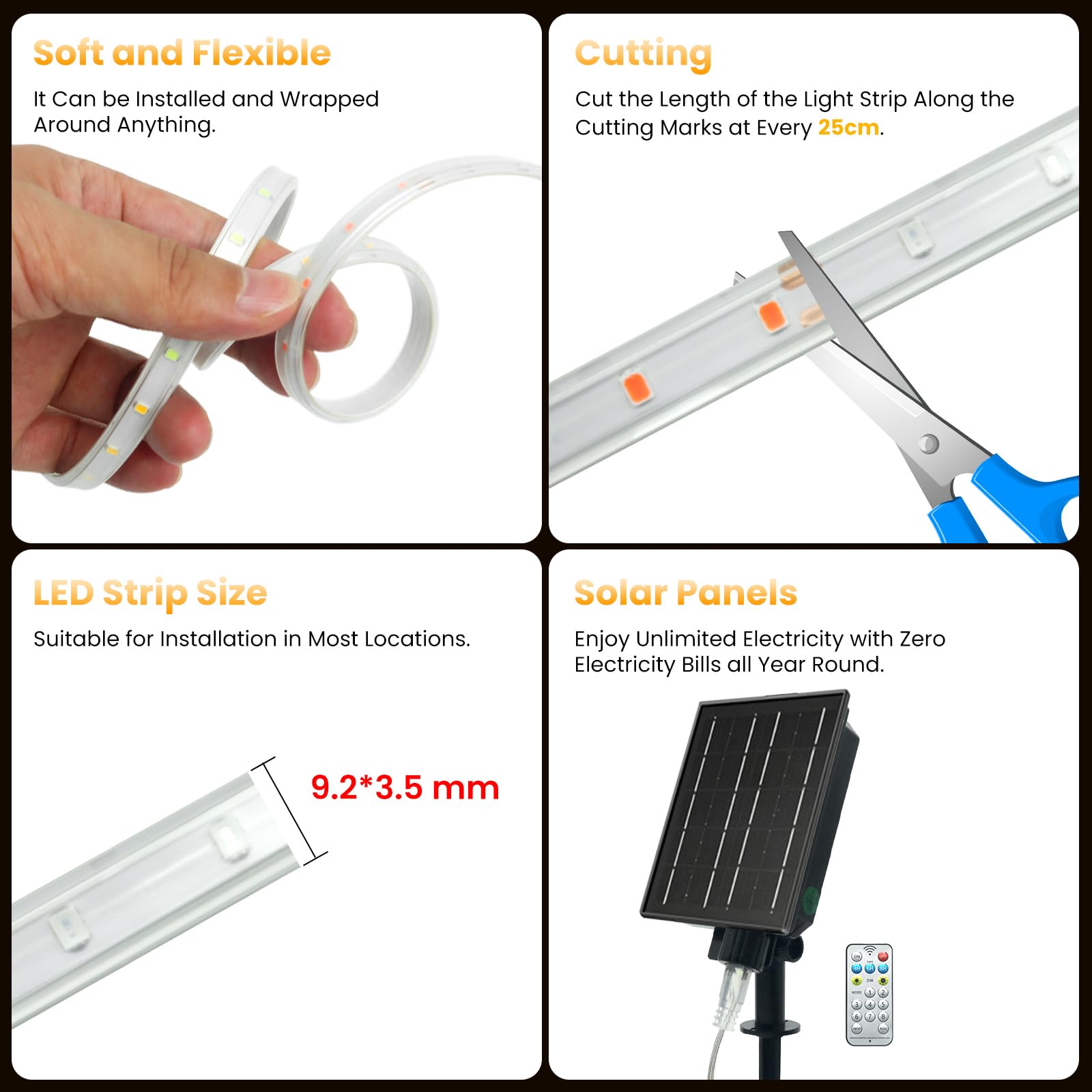 Solar LED Strip, Solarbetriebene 2835 SMD LED Streifen Außen, 8 Modi, 64Leds/m, Schneidbar, IP65 Wasserdicht Flex LED Leiste Lichtband Schlauch für Garten, Balkon, Treppe (Mehrfarbig, 20M)