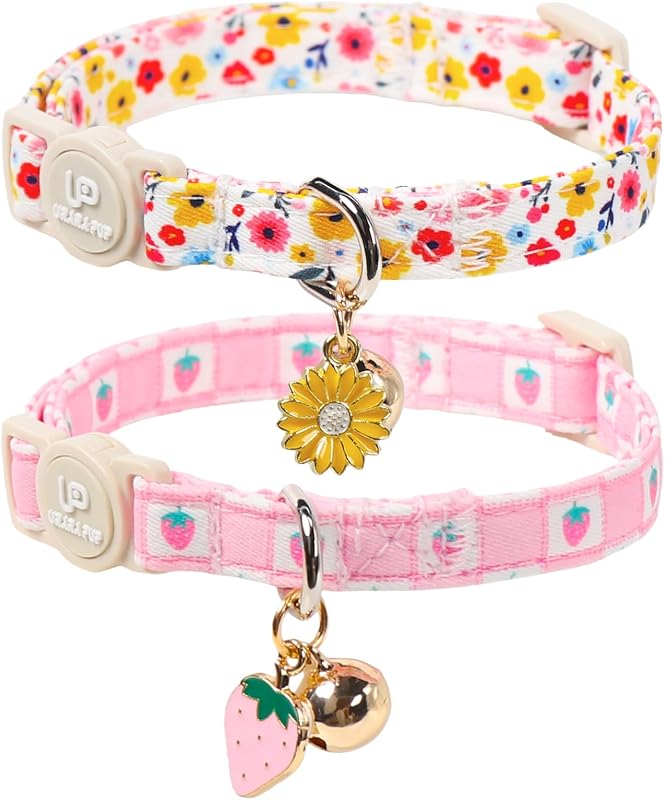 Coleira para Gatos de Algodão com Fivela de Segurança, Sino e Pingente Floral UP URARA PUP – Pacote com 2, 18 a 30 cm