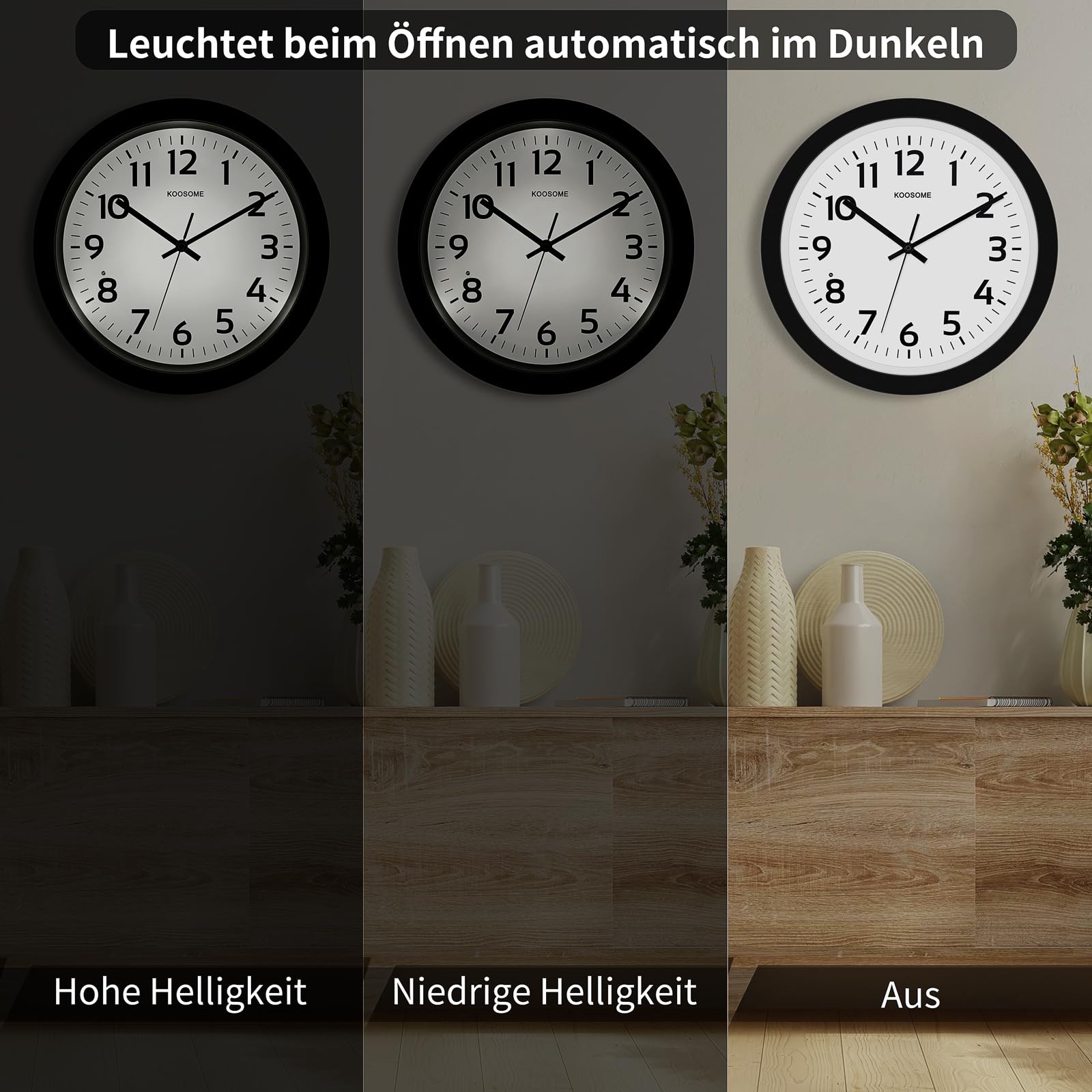 Nachtlicht Wanduhr 33cm lautlos, automatische Dimmung & beleuchtet